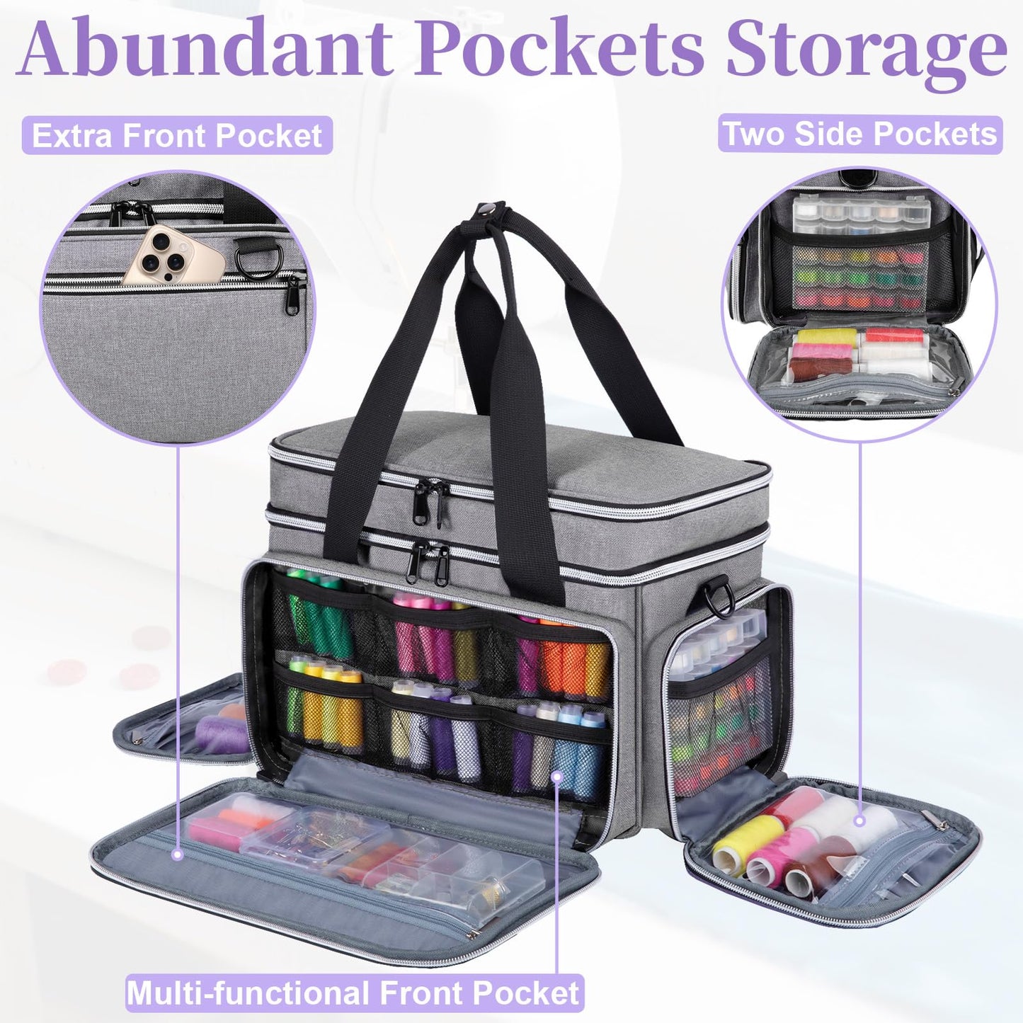 Anitor Large Sewing Supplies Organizer, Double Layer Sewing Storage Organizer with Two Detachable Dividers, Travel Sewing Bag Organizer with Shoulder Strap for Accessories, Gray, (Bag Only)