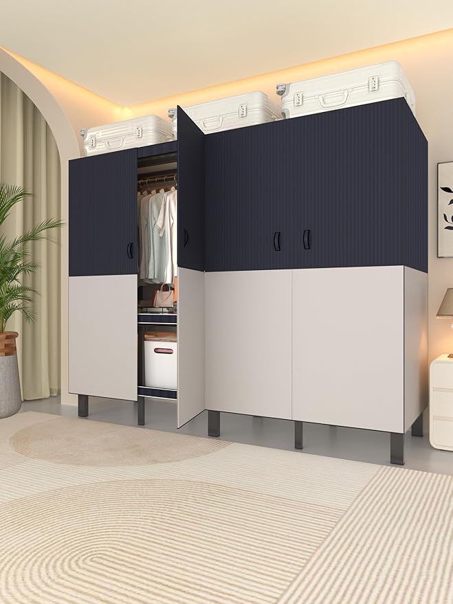 Foldable Portable Wardrobe Closet with Magnetic Doors & Cover, Heavy Duty Covered Clothes Rack with Hanging Clothing Rod, Metal Frame Standing Alone Closet for Bedroom (Door Design C, 70.9IN/180CM)