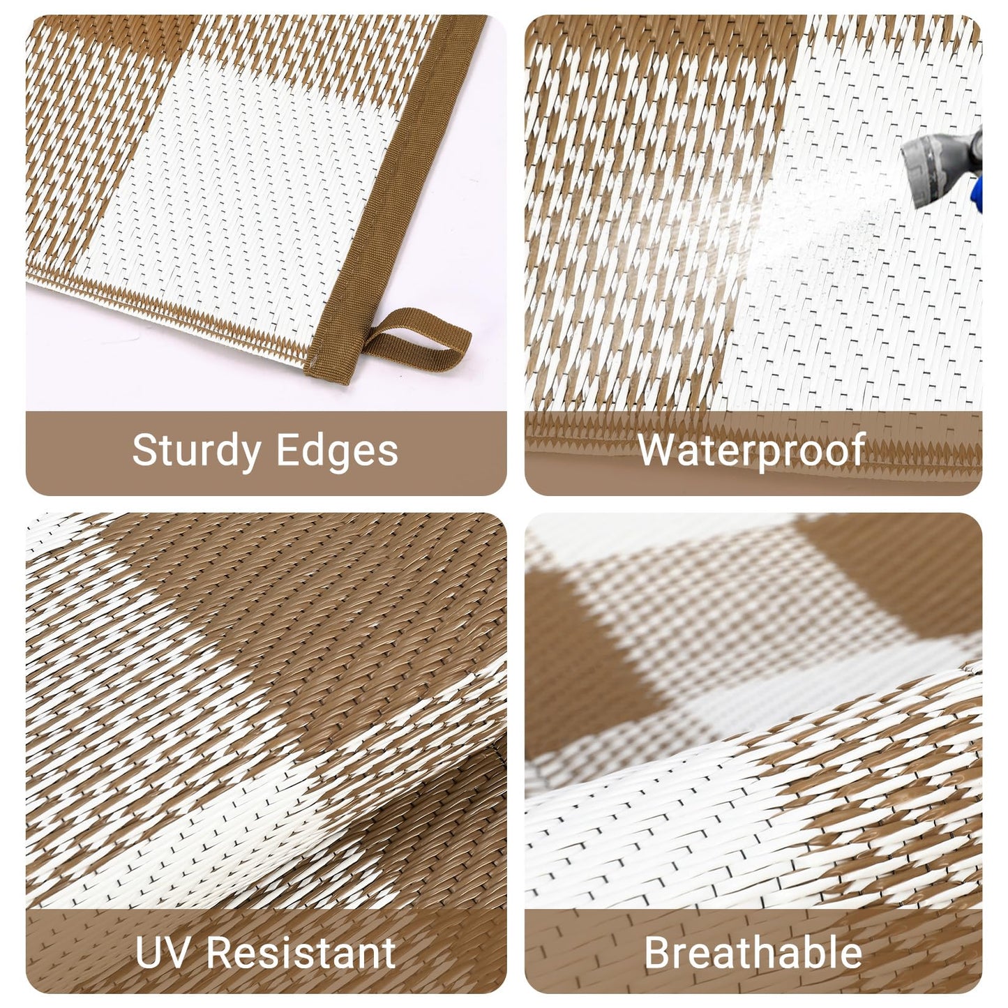 COZYLOOM Outdoor Plastic Straw Rug 8x10 Waterproof Outdoor Patio Rug Geometric Champing Rug Checkered Outdoor Carpet Reversible Rug for Rv Baclony Picnic Backyard Deck Porch Beach, Brown