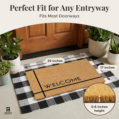 AMARU DOOR MATS - Natural Coir Door Mat, Minimal Shedding, Heavy Duty Non-Slip Welcome Mat for Front Door, Outside Entrance, Porch & Entryway (17x29, Welcome 7)