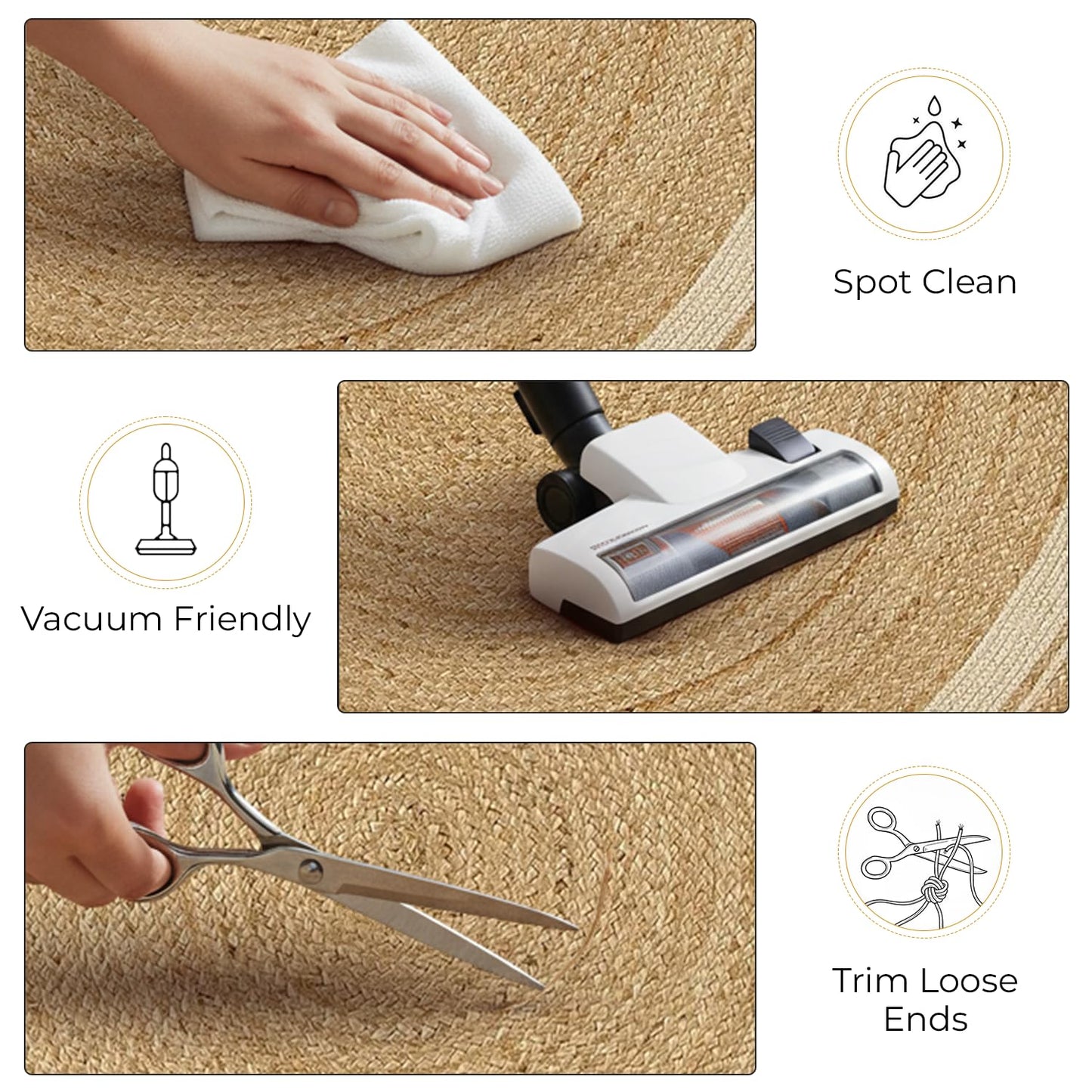 GRUHUM Handwoven 3ft Jute Area Rug- Natural Fiber Cotton Round Boho Farmhouse Rustic Vintage Soft Braided Reversible Eco-Friendly Rugs-Indoor Kitchen Bedroom Living Room Hallways (3' ft Round)