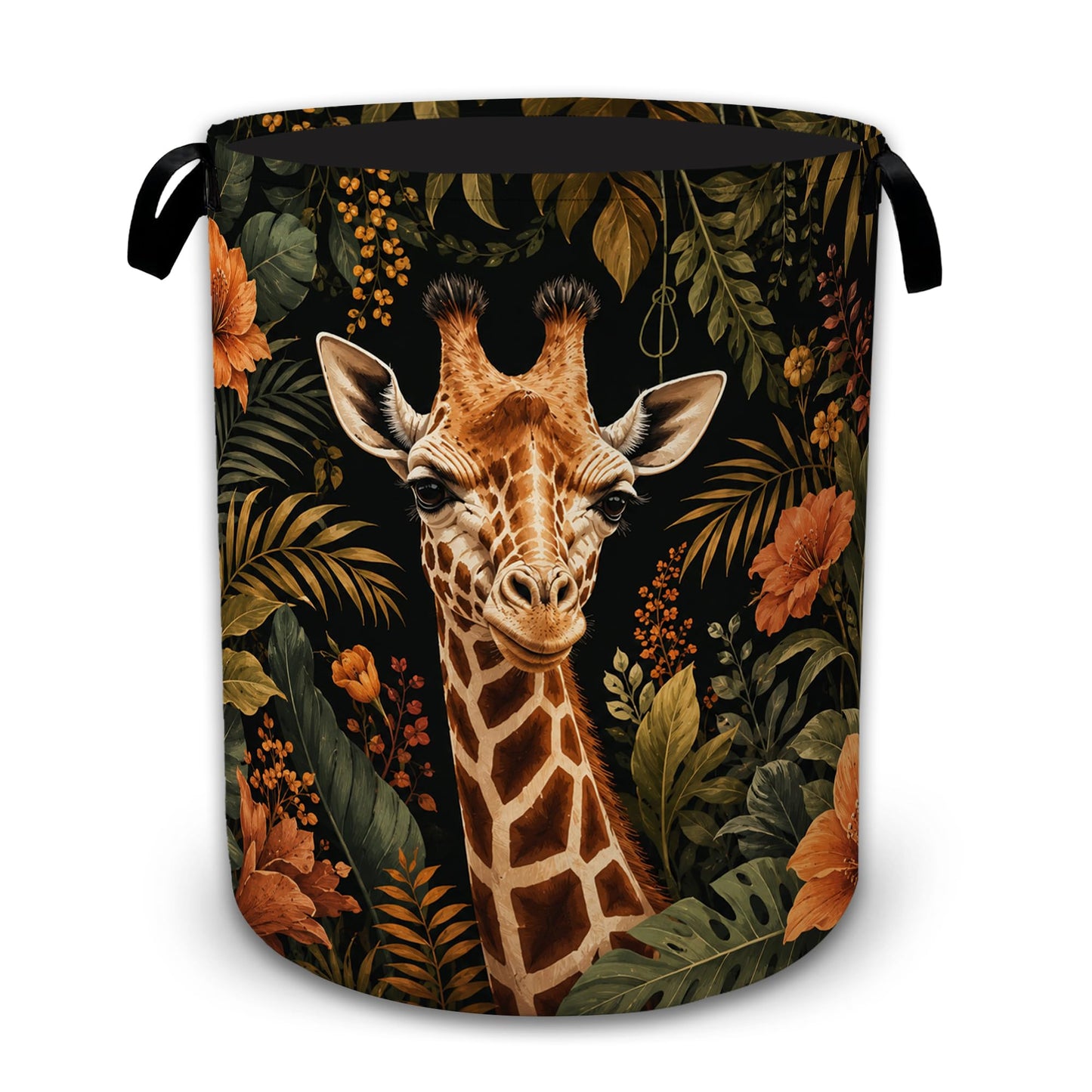 Safari Giraffe Floral Laundry Basket with Handles, Foldable Tall Oxford Clothes Hamper, Lightweight Water-Resistant Storage Bin for Bedroom Bathroom College Dorm, 16 x 20.8 Inch