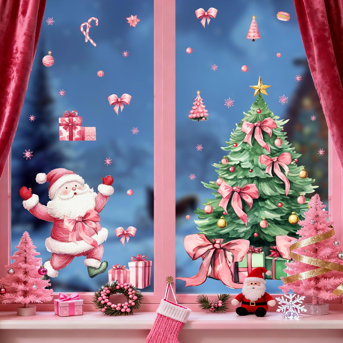 Christmas Decoration Window Decals Pink Bow Xmas Tree Window Clings Indoor Decor Removable Santa Claus Static Cling for Glass Double-Sided Snowflake Glass Sticker for 2026 New Year Living Room Supply