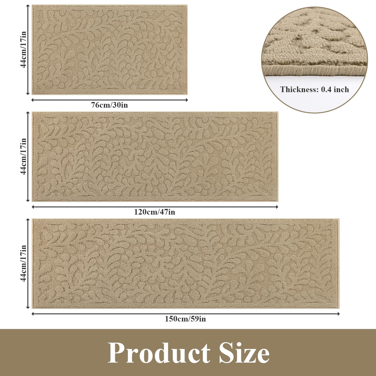 SHACOS Kitchen Rugs Sets of 3 Non Slip Washable Polypropylene Low Pile Absorbent Resist Dirt Kitchen Floor Mat 3 Piece for Entryway, Hallway, Front of Sink (17"x30"+17"x47"+17"x59", Leaves Beige)