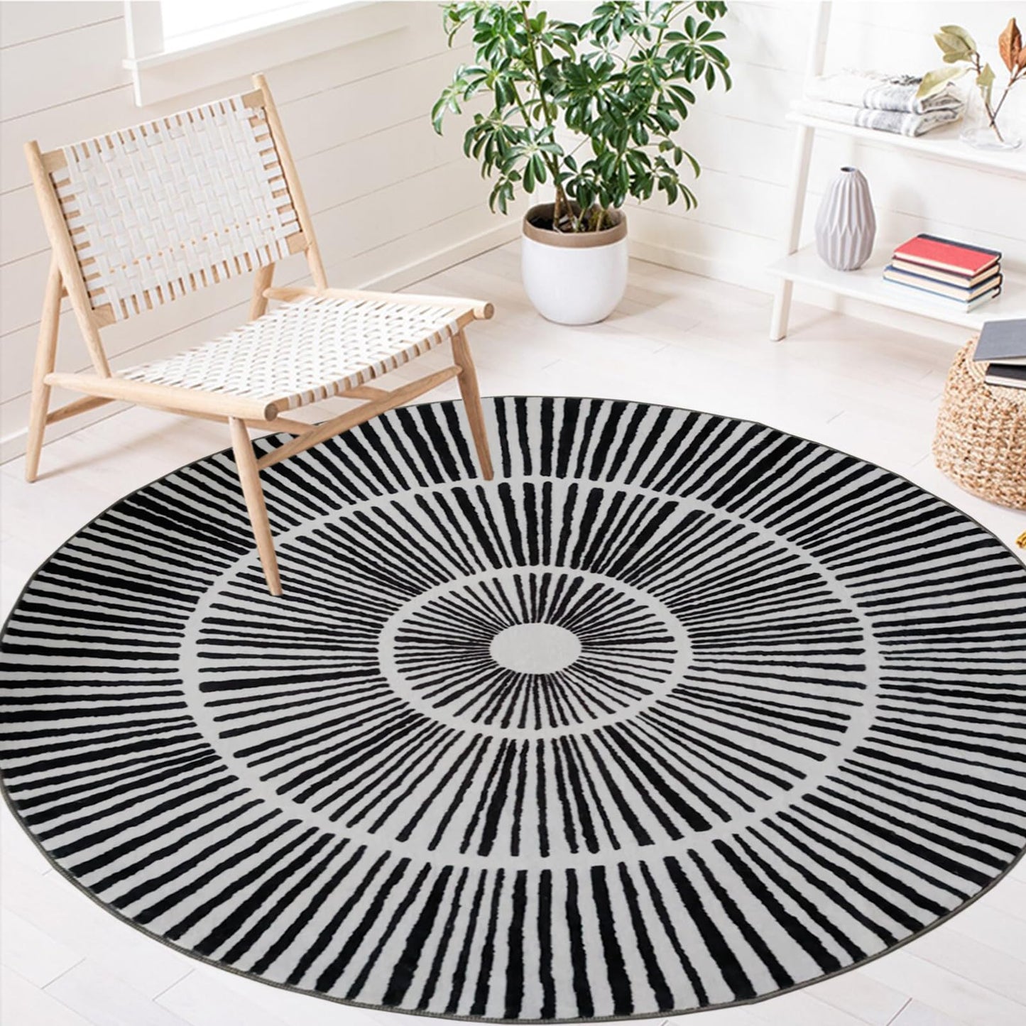 Lacomfy Modern Abstract Rug - 4Ft Round Contemporary Geometric Carpet, Suitable for Bedroom Living Room Dorm Dining Room Farmhouse, Chic, Sun, Lines, Nonslip Washable Circle Floor Mat, Black