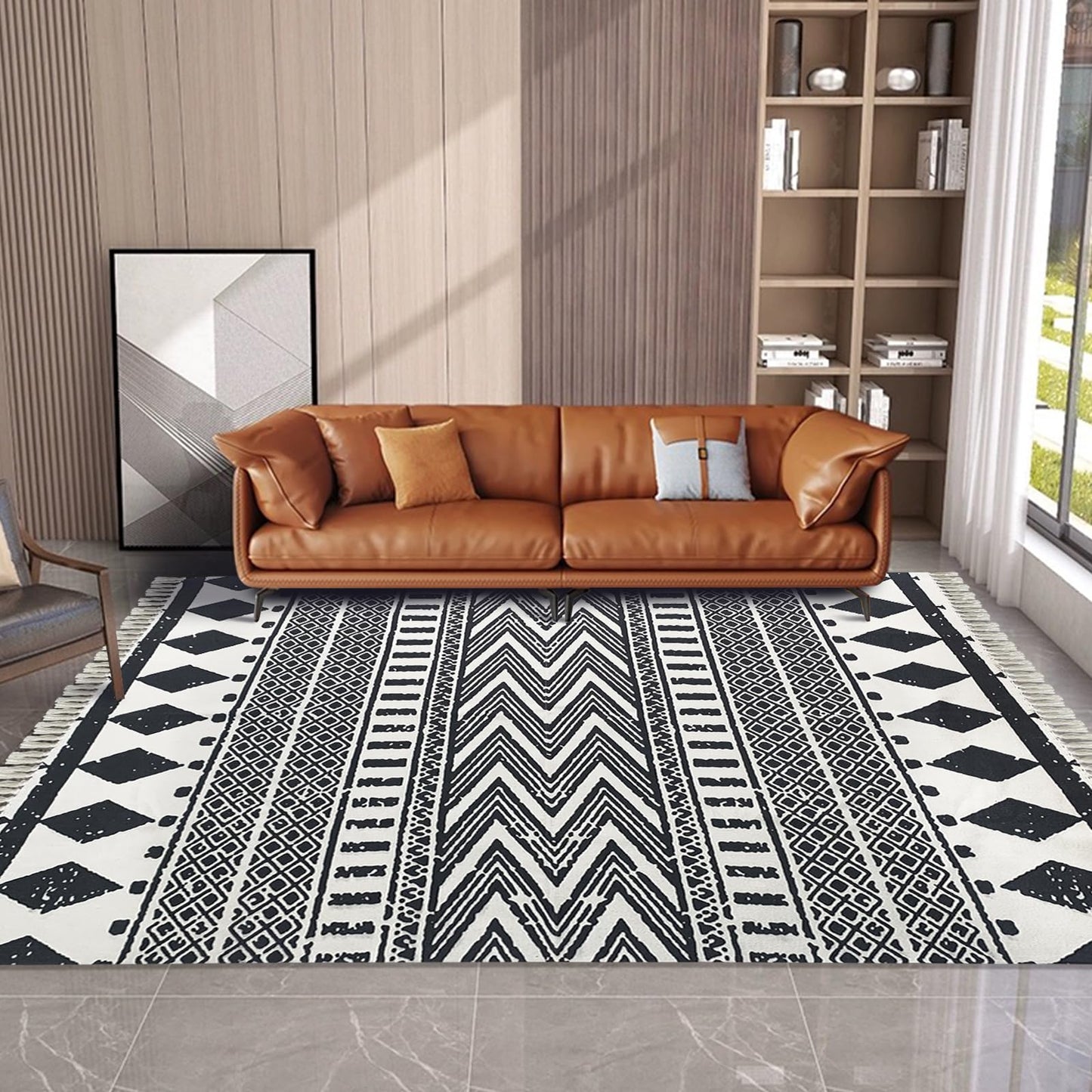 USTIDE Ultra Large Boho Area Rug Large Hand Woven Black and White Cotton Rugs with Tassels Printed Geometric Tribal Rug for Living Room, Bedroom, Laundry Room, Entryway （63x90Inches）