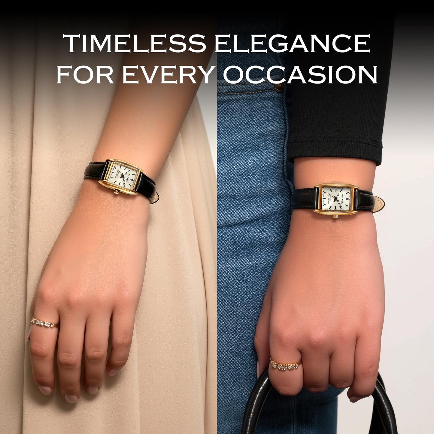 Miykon Gold Vintage Watches for Women - Small Dainty Tank, Square Womens Watch with Brown Genuine Leather Strap - Second Hand, Japanese Quartz, Waterproof to 100ft