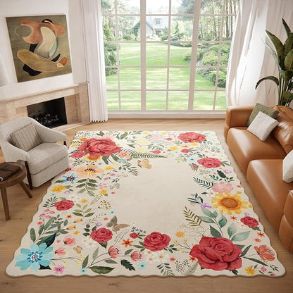 Washable Rugs for Living Room: 8x10 Area Rugs for Bedroom Soft Ultra Thin Stain Resistant Non Slip Low Pile Lightweight Vintage Floral Carpet for Dining Room Decor (Beige)