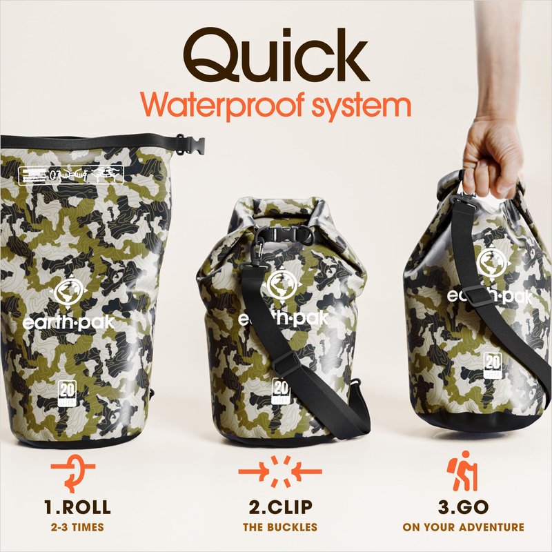 Earth Pak Waterproof Dry Bag - Roll Top Waterproof Backpack Sack Keeps Gear Dry for Kayaking, Beach, Rafting, Boating, Hiking, Camping and Fishing with Waterproof Phone Case (Camo, 10L)