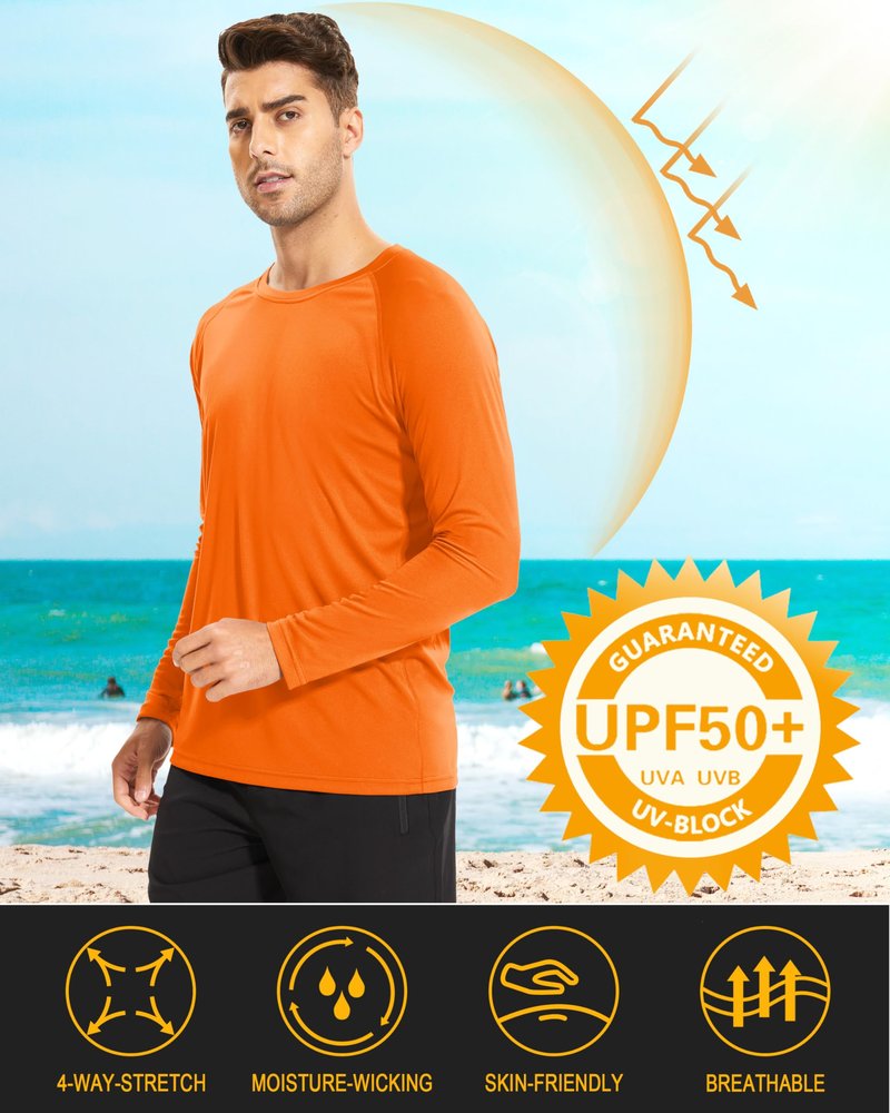MAGCOMSEN Long Sleeve Shirts for Men Rashguard Swim UV Sun Running Workout Fishing Quick Dry Hiking Summer UPF 50 Shirt Orange