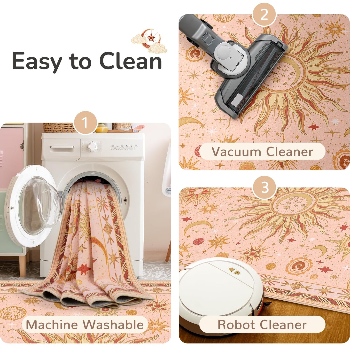 meejou 5x7 Area Rugs, Washable Vacuum-Friendly Non-Slip Rug Vintage Boho Gothic Sun and Moon Printed Pattern Low Pile Carpet for Living Room Bedroom Dining Room Hallway Entryway,Pink Gold Beige Red