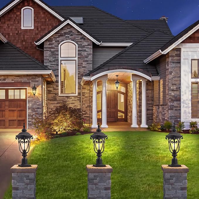 Dusk to Dawn Outdoor Post Light Fixture, 24in High Bronze Post Lantern with Pier Mount, Exterior Pole Lighting with Seeded Glass for Yard, Garden, Patio and Pathway, 2 Pack, LMMS0519-M-2P