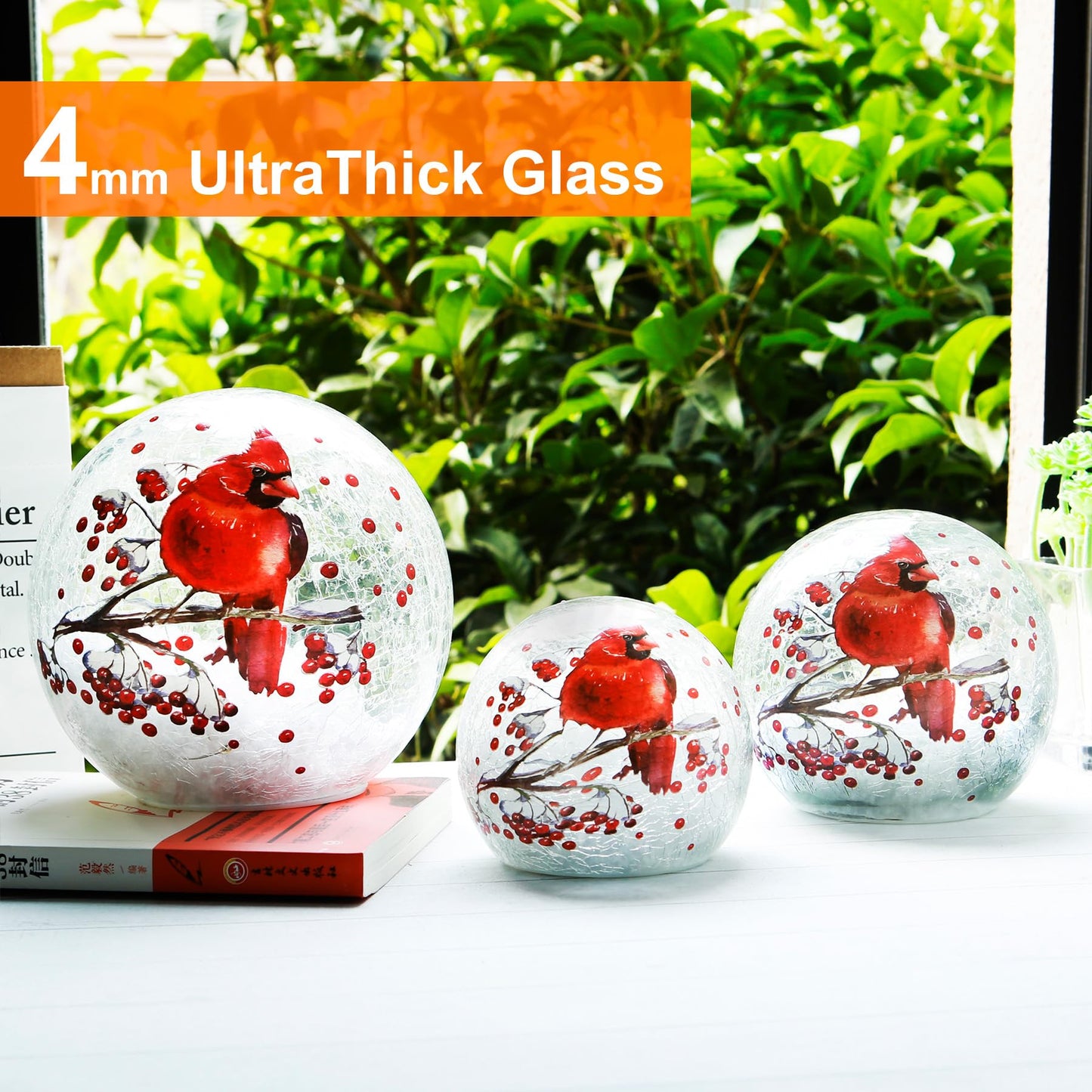 Crackle Glass Ball Cardinal Light Up Red Bird Stained Glass Christmas Decor Accent Lamp, Lighted Globe Table Orb Night Light, Mother's Day Gifts, LED Sphere Desk