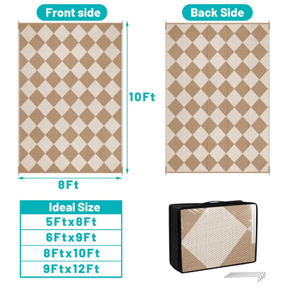 HEBE Checkered Outdoor Rug Waterproof 8x10, Reversible Plastic Straw Rug RV Camping Rug, Indoor Outdoor Patio Mat Clearance, Outside Carpet for Porch,Deck,Camper,Balcony,Backyard,Picnic