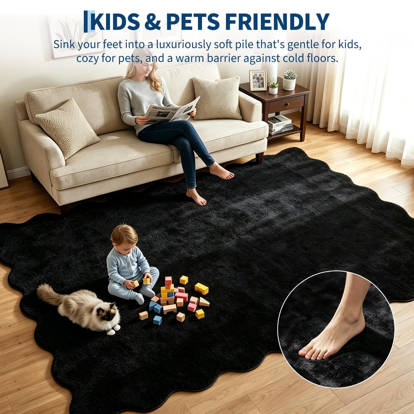 Garvee Scalloped Rug 5x7 Living Room Rug Washable Non Slip Thick Plush Indoor Carpet Ultra Soft Non-Shedding Fluffy Solid Rugs for Bedroom Playroom Nursery Kids Room Office Home Decor Black