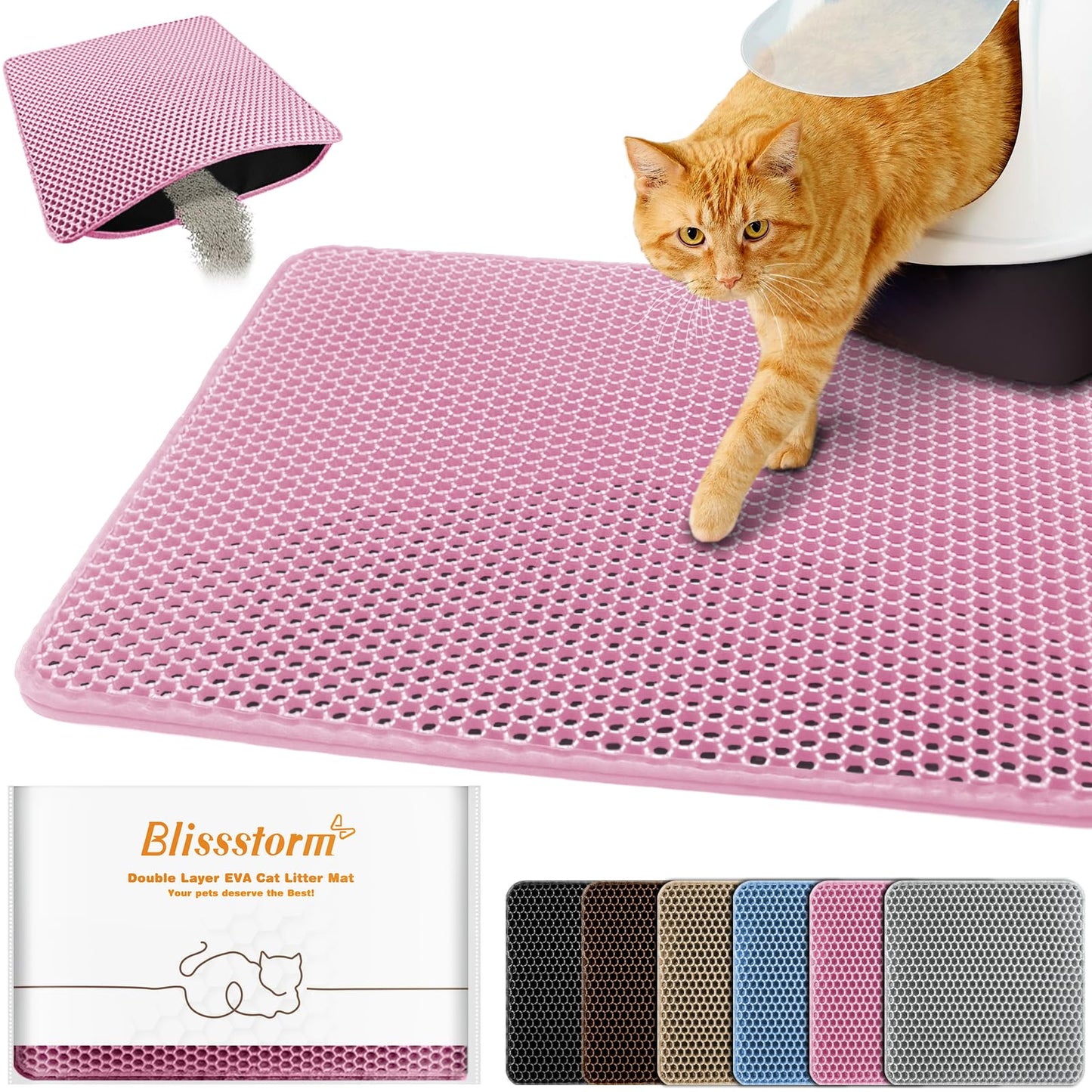 blissstorm Waterproof Cat Litter Mat, Double Layer EVA, Odor-Free Large Grid, Urine Proof, Easy Cleanup (Pink, 12 x 18)