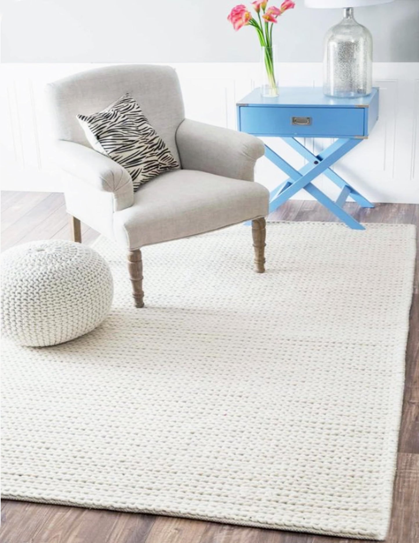 FRELISH DECOR Wool Cotton Area Rug for Living Room and Bedroom, 5'x8' Handwoven Braided Chunky Knit Cable Rugs, Farmhouse Contemporary Area Rug: Wool Ivory Premium