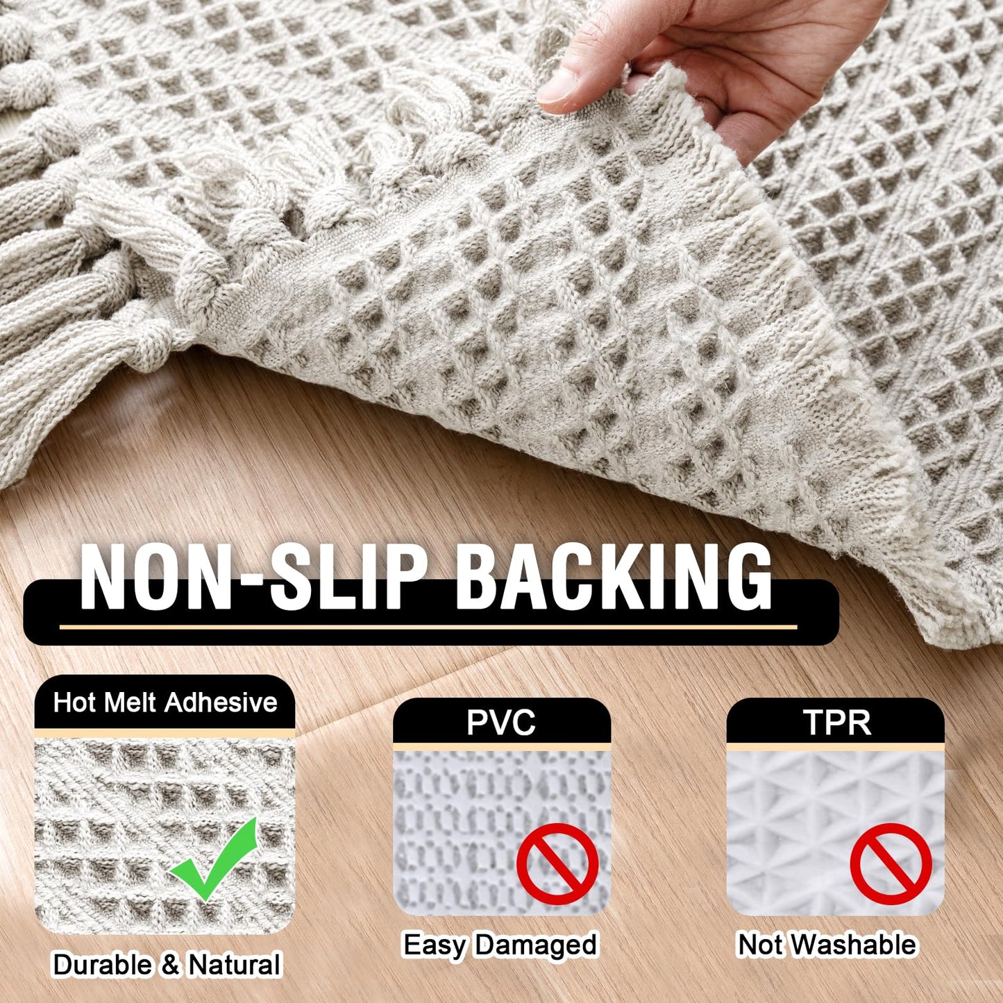 H.VERSAILTEX Waffle Bath Mat Super Absorbent Boho Bath Mat Non Slip Bath Rugs for Bathroom Floor Machine Washable Dry Fast Bathroom Rugs with Tassels (47 x 17 Plus 17 x 24 Inches, Ivory White)