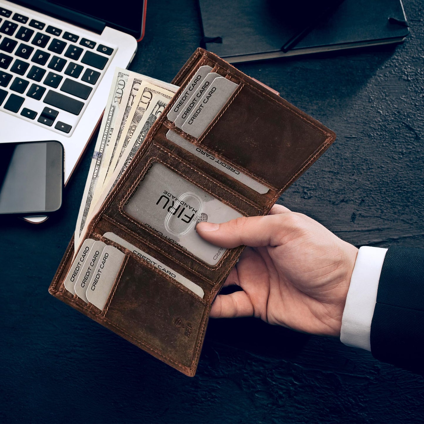 Firu-Handmade Genuine Leather Wallets for Men | RFID Blocking Trifold Wallet with 6 Card Slots, 2 Slip in Pockets and ID Window