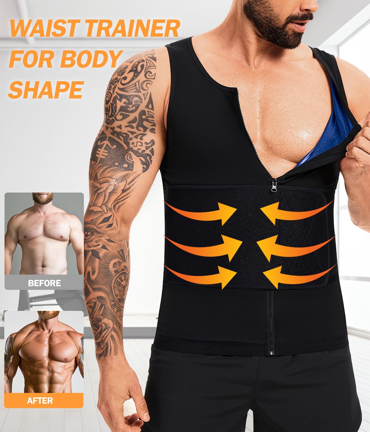 FUXERT Sauna Vest for Men Waist Trainer Sauna Shirt for Men Zipper Sweat Belt Tank Top for Belly Fat(BK L/XL)