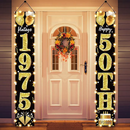 50th Birthday Party Banner Lighted Decorations for Men and Women - Black Gold Vintage 1975 50th Birthday Door Banners with LED Light, Fifty Years Birthday Party Supplies for Indoor Outdoor Decor