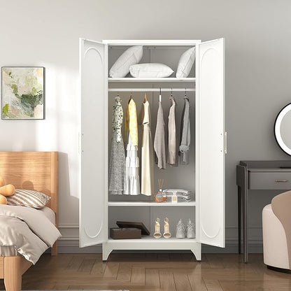SteeLoong 71" Metal Armoire Wardrobe Closet with Doors，Tall Clothing Storage Cabinet with Adjustable Shelves and Hanging Rod,White Wardrobe Closet for Bedroom,Home,Office,Gym