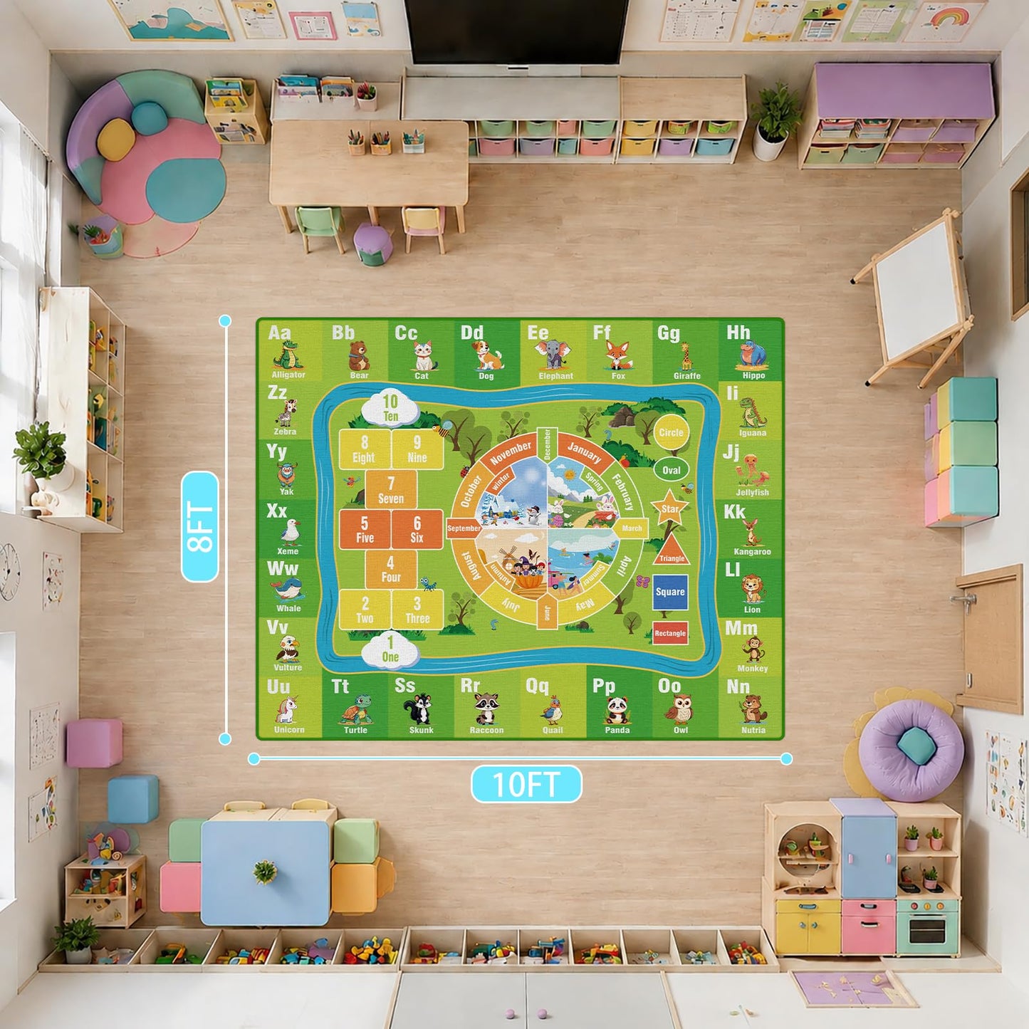 junhejiamei 8'x 10' ABC Rug, Kids Rugs for Playroom Classroom Bedroom, Educational Learning Play Mat with Alphabet Animals Numbers & Shapes (8x10 Feet)