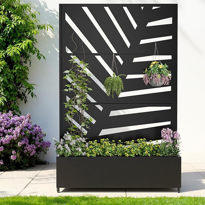Metal Raised Garden Bed with Trellis & Wheels,72" x 47"x 15.7" Planter Box with Trellis,Privacy Planters for Patio,Garden Bed for Climbing Plants,Suitable for Climbing Plants and Vegetables,Black