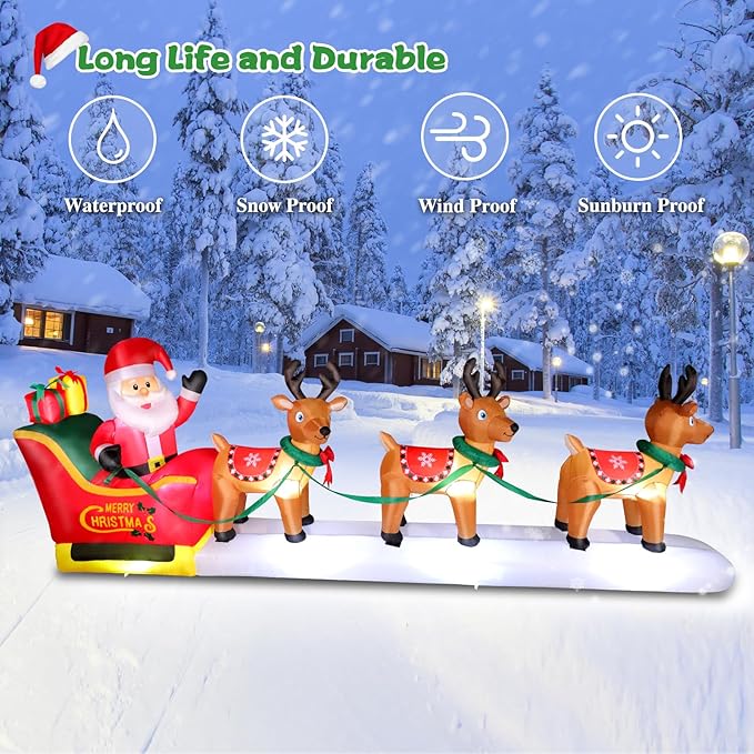 FunFanso 12FT Christmas Inflatables Santa Claus on Sleigh Outdoor Decorations, Blow Up 3 Reindeers Pulling Santa's Sleigh with Gift Boxes, Built-in LED Lights for Xmas Party Decor Yard Garden Lawn