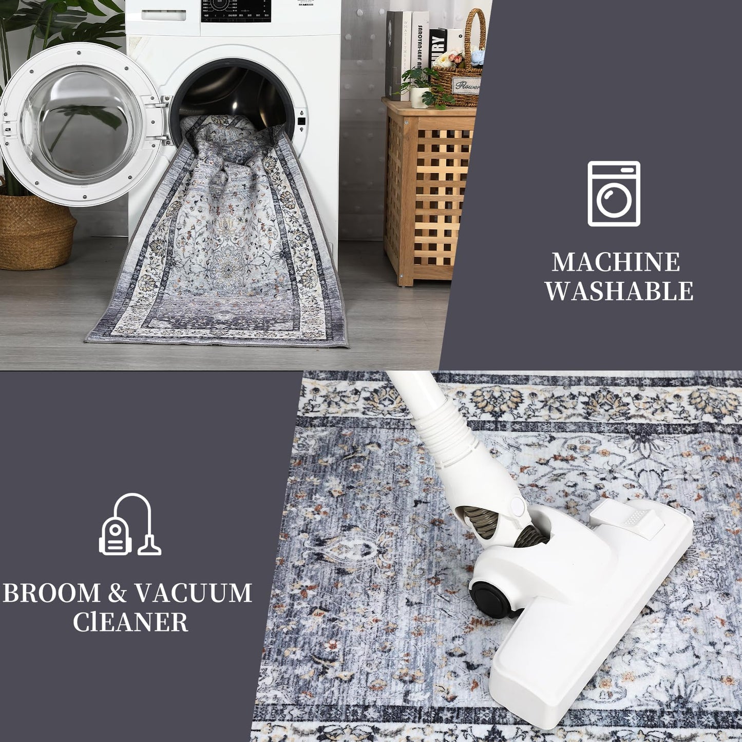 GarveeHome Washable Vintage Boho Floral Gray Rug - 5'x7' Soft Faux Wool Low Pile Stain Resistant Carpet for Living Room, Bedroom, Office, Nursery, Dining Room