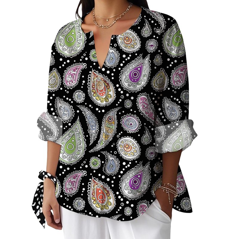 Vintage Graphic T Shirt for Women V Neck Rolled 3/4 Sleeve Tops Boho Elegant Yoga Soft and Comfy Summer Tees 2025 Style14 XL