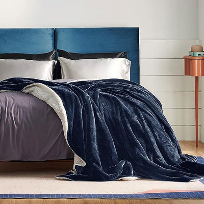 Bedsure GentleSoft Sherpa Fleece Blankets King Size for Bed - Thick and Warm Throw for Men, Soft Fuzzy Plush King Blanket for Winter, Navy, 108x90 Inches