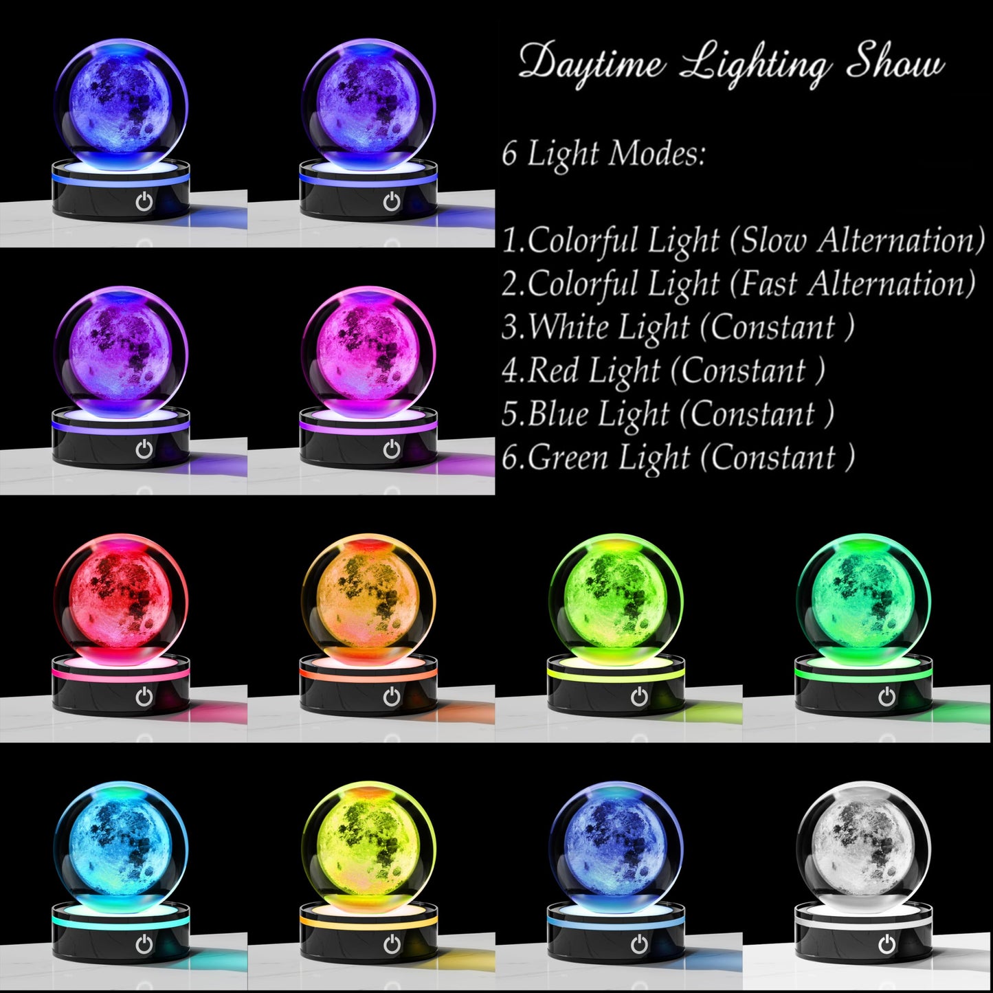 3D Moon Model Crystal Ball Led Lamp Base - Space Decor World Globe Planets Sphere Night Light 80mm 3.15 Inch - Solar System Decor Best Birthday Astronomy Gifts for Men Physics Science Teacher
