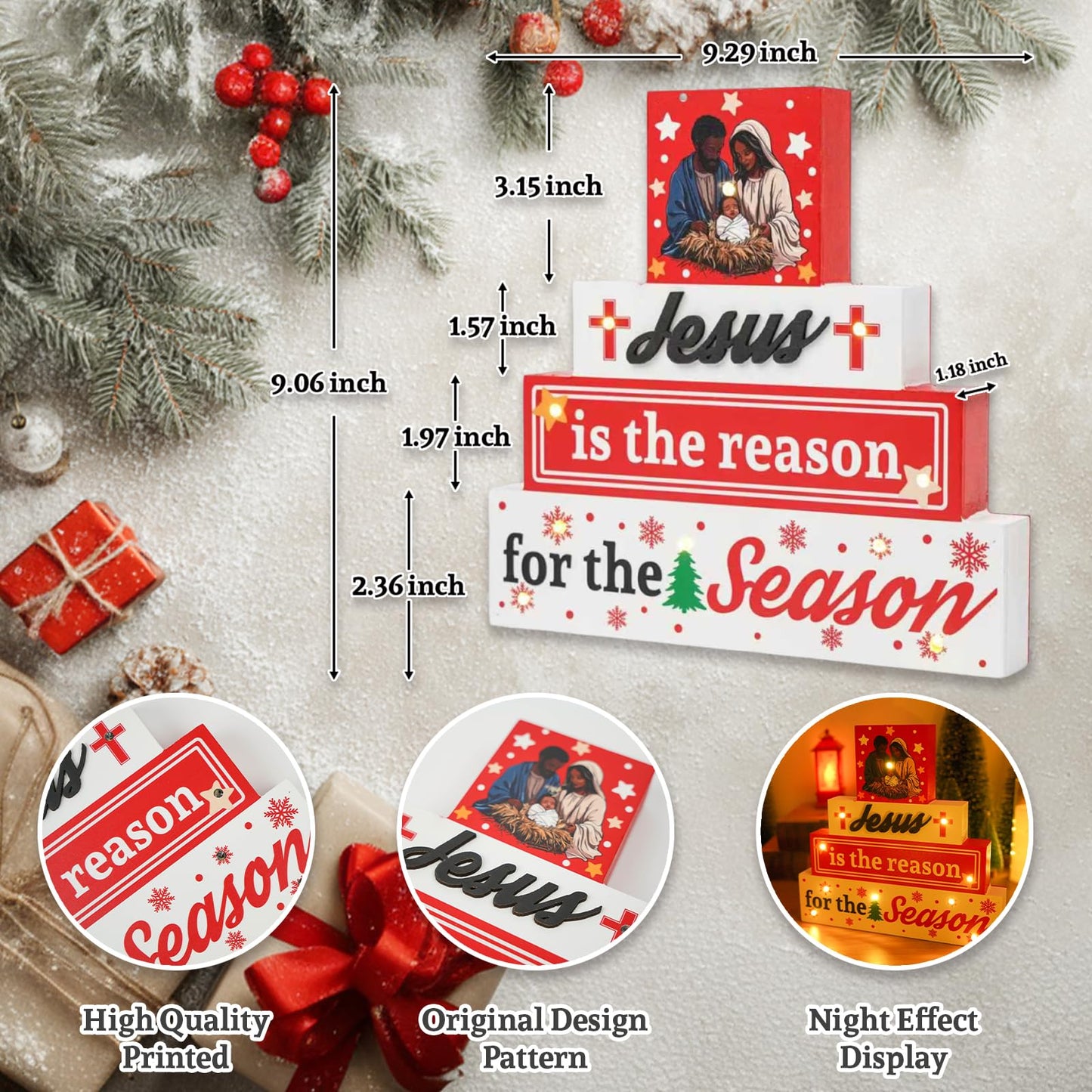 Black Santa - Led African American Christmas Decorations Jesus Is The Reason For The Season Nativity Scene Christian Wooden Sign for Table Religious Home Office Decor 9 × 9 Inch