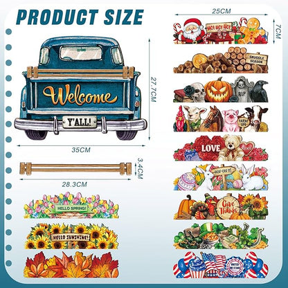 Ferraycle Interchangeable Welcome Sign for Front Door Farmhouse Truck Decor Rustic Hanging Sign with 12 Interchangeable Seasonal Holiday Decor for Fall Thanksgiving Halloween Christmas(Cute Color)