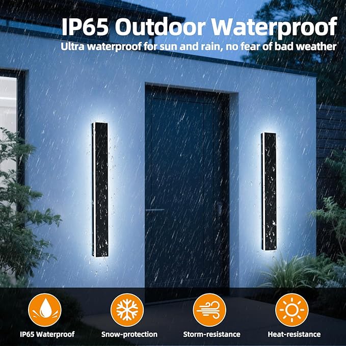 Upgrade Widened 2 Pack Long Outdoor Wall Lighting Fixture, 57inch Modern LED Wall Sconce, 3 Color 3000K/4500K/6000K, 50W, IP65 Waterproof, Black Exterior Light Fixture for Patio, Garden, Garage