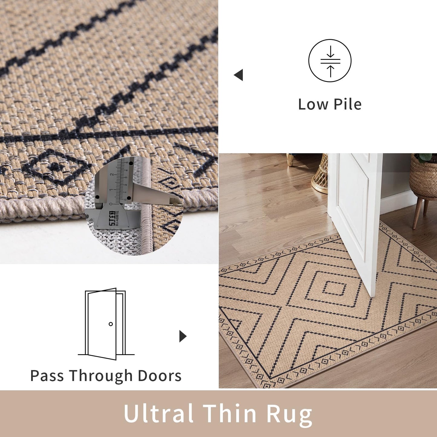 Tangsoo Easy Jute Rug 2x6 Washable Runner Rug for Hallways,Neutral Geometric Ultra Thin Indoor Carpet Runner Farmhouse Long Rnner Mat for Kitchen Entryway Laundry