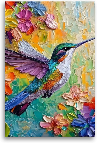 2D No Texture Colorful Painting Hummingbird Canvas Wall Art, Spring Flower Wall Decor, Cute Hummingbird Poster Picture for Wall Living Room Bathroom Bedroom Home Decoration 12*18 in (Poster No Frame)