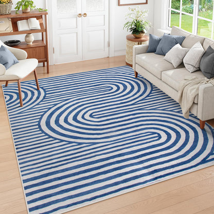 Lahome Modern Washable Area Rugs 5x7, Blue and White Rugs for Bedroom Ultra-Thin Non-Shedding, Abstract Living Room Rugs Stain Resistant Geometric Large Carpet for Kids Office Dorm Alba(5'X7',Blue)