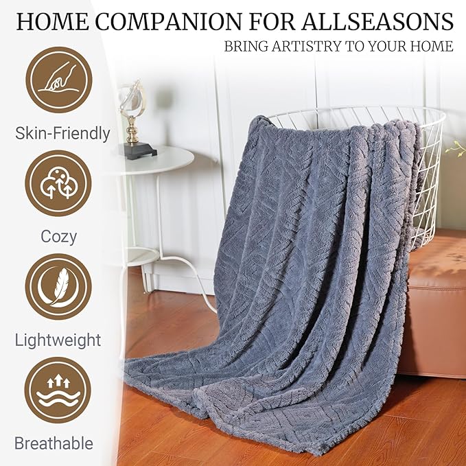 Geometric 50x70 Inch Flannel Jacquard Throw Blanket- Soft & Cozy Luxurious Blankets for Couch, Bed, Sofa, Travel，Home and Dorm Decor，Housewarming Gift for Women & Men,Dark Grey
