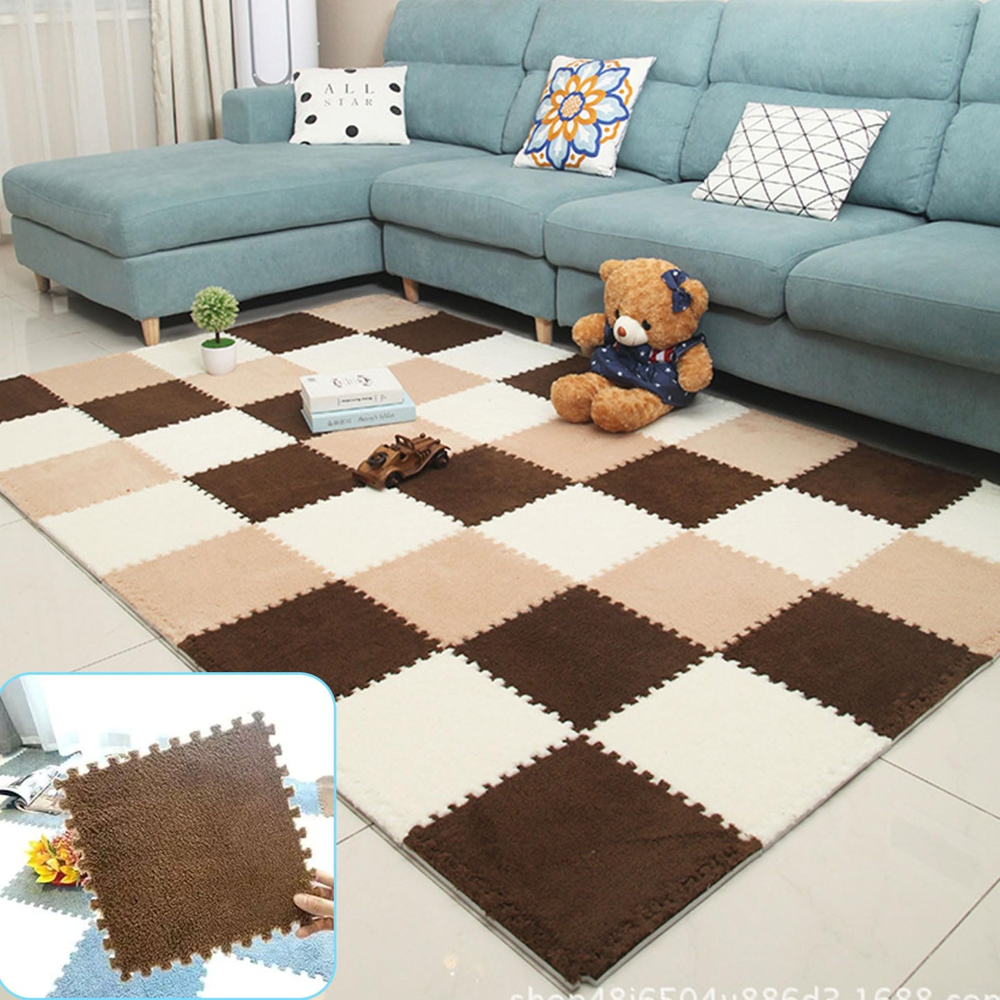 Interlocking Carpet Shaggy Soft EVA Foam Mats Fluffy Area Rugs Protective Floor Tiles Exercise Play Mat for Children Kids Room Home Parlor Bedroom 12 pcs (Coffee, 12)