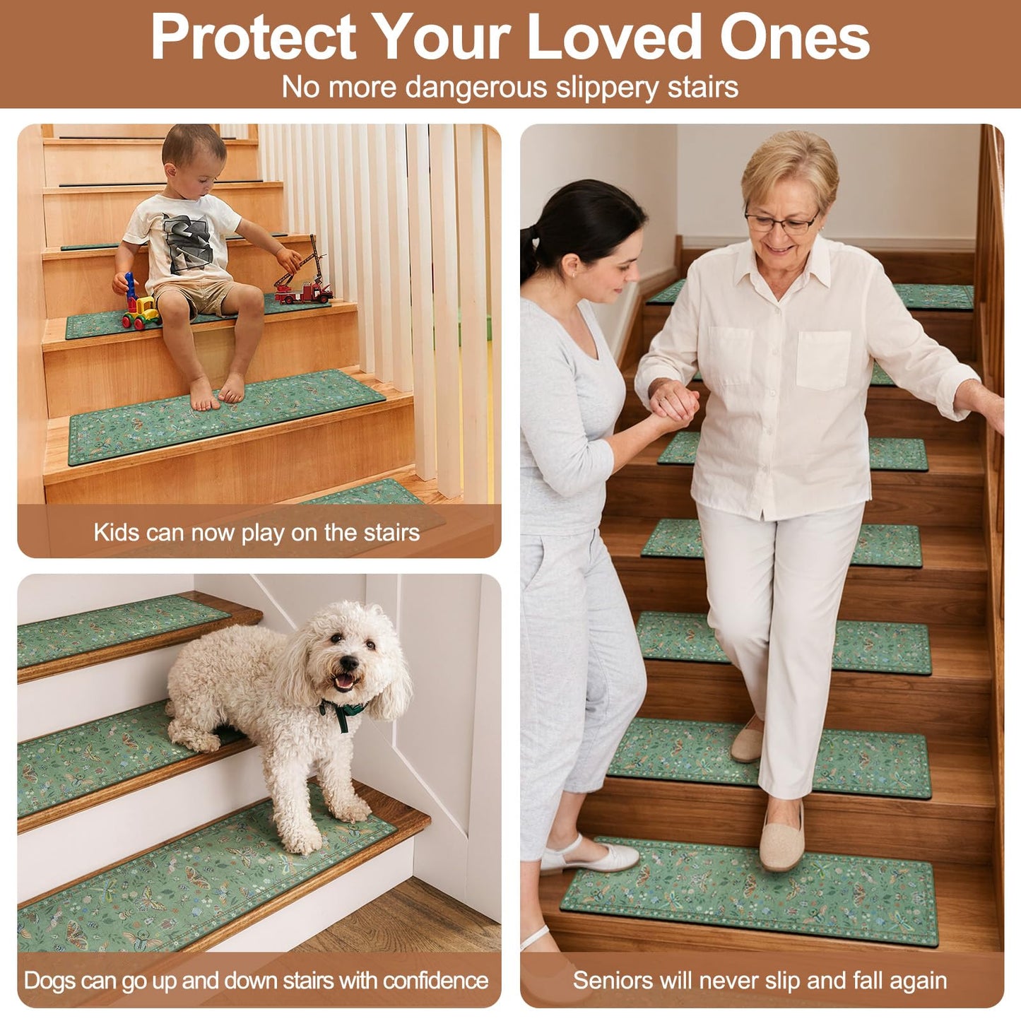 OJIA Stair Treads Non-Slip Matching Mat for Wooden Steps, Square Capet Stair Treads Rubber Backing Stair Runner Anti-Slip Stair Landing Mat 31x31 Inch Stair Rugs Carpet for Stairs， Green