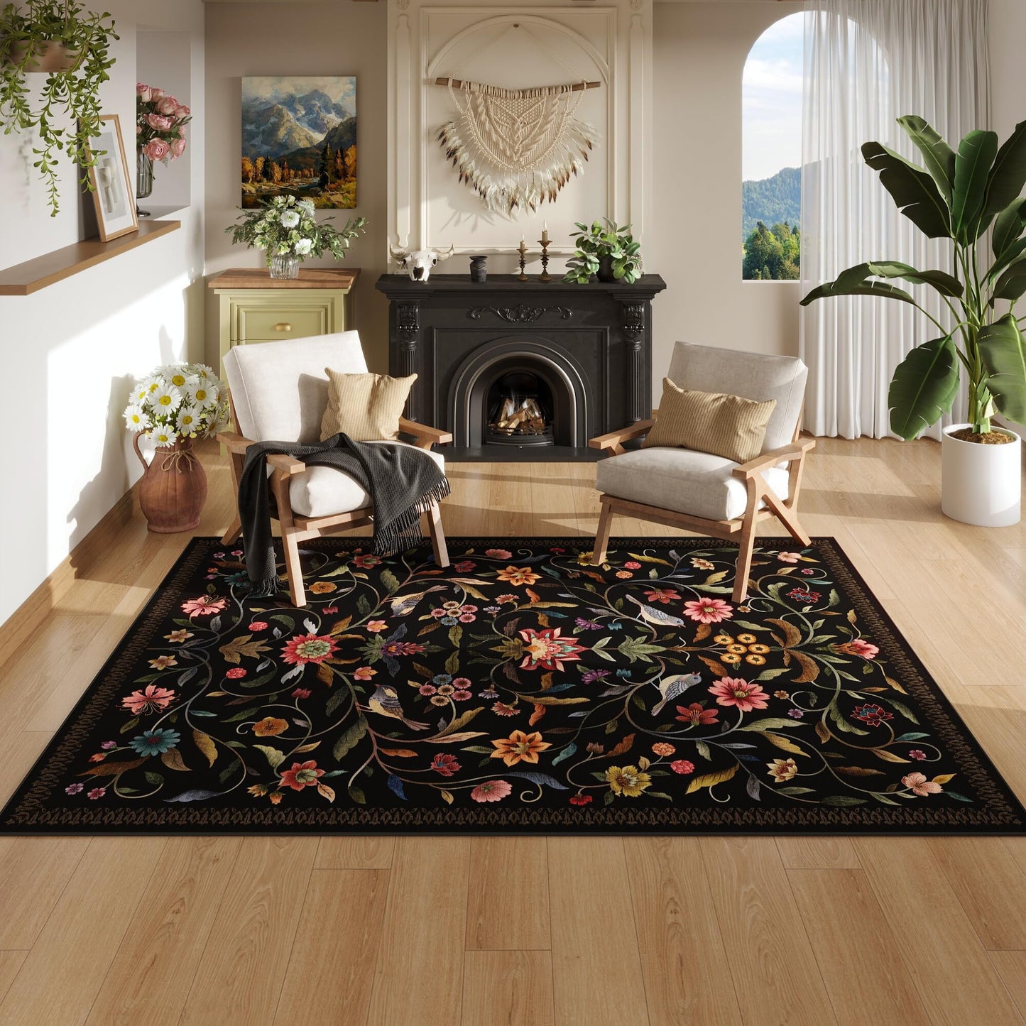 Vowkten Vintage Medallion Floral 3x5 Washable Rug, Soft Low Pile Area Rug, Non-Slip Carpet for Bedside, Bedroom, Bathroom, Entryway, Kitchen, Office, Kids/Girls Room | Black