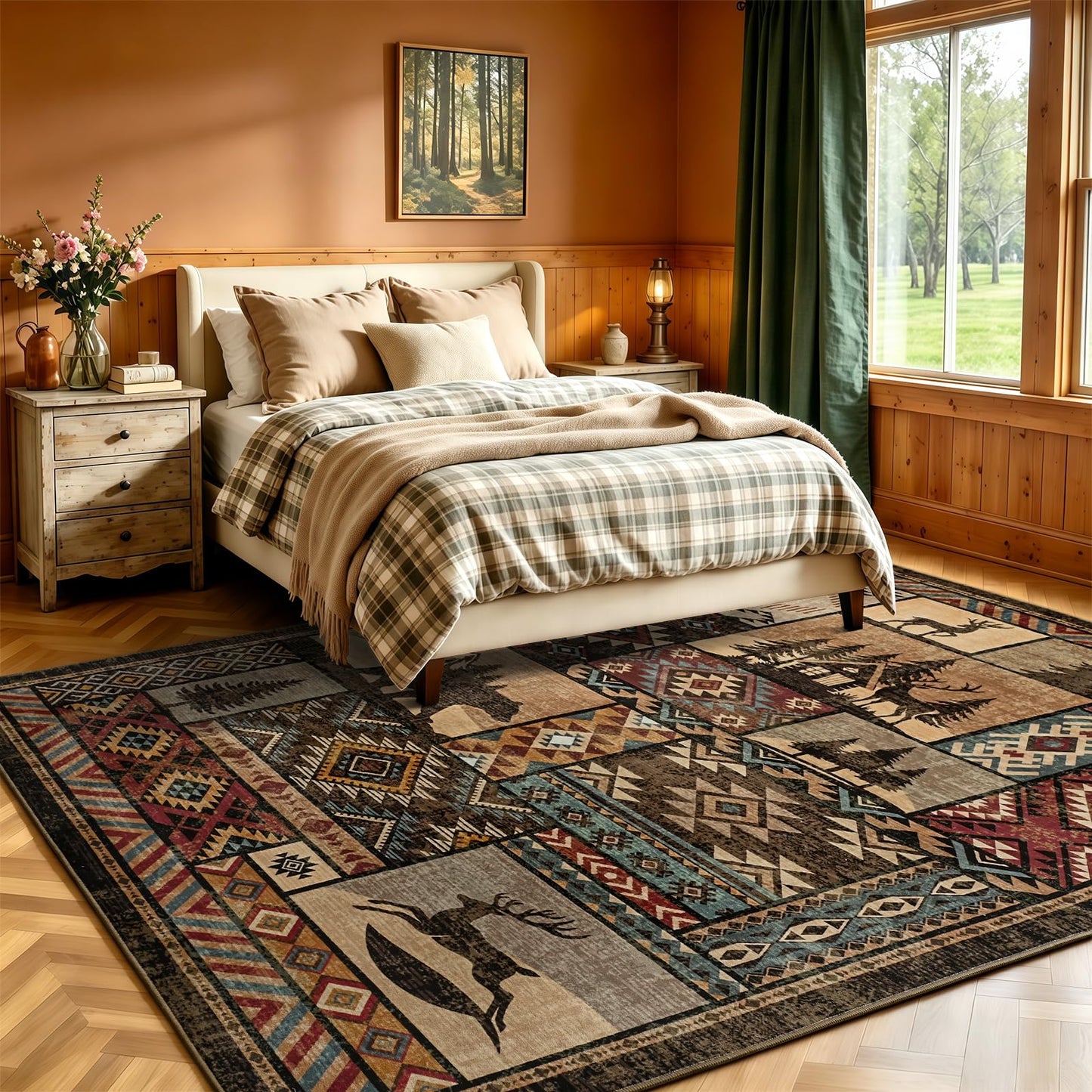 HOMORE Rustic Cabin Living Room Rugs 5x7, Washable Southwestern Area Rug Geometric Carpet with Bear Print, Western Rug for Bedroom Dining Room,Brown