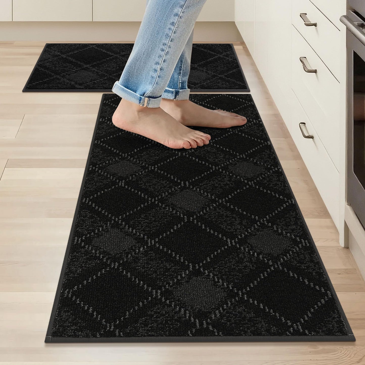 COSY HOMEER Kitchen Rugs and Mats Sets 2PCS Non-Slip Soft Kitchen Mats for Floor Absorbent and Stain Resistant Kitchen Floor Mat Washable Plaid Rugs for Kitchen,20"x32"+20"x48",Black