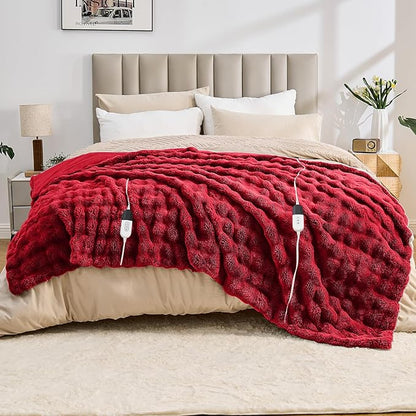 Heated Blanket Electric Throw Blanket 84''X 90''-Heating Blanket with 6 Heat Settings-10 Hours Auto Off,Cozy Faux Rabbit Fur Bubble Electric Blanket,Red