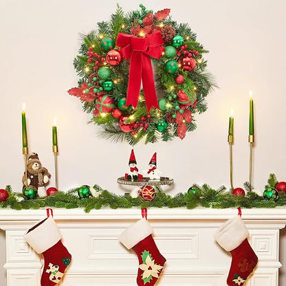 Christmas Wreath for Front Door, 22 Inch Large Outdoor Christmas Wreath, Lighted Xmas Wreath with Red Green Ball Ornaments Velvet Bow and 30 LED Lights for Fireplace Window Holiday Decor