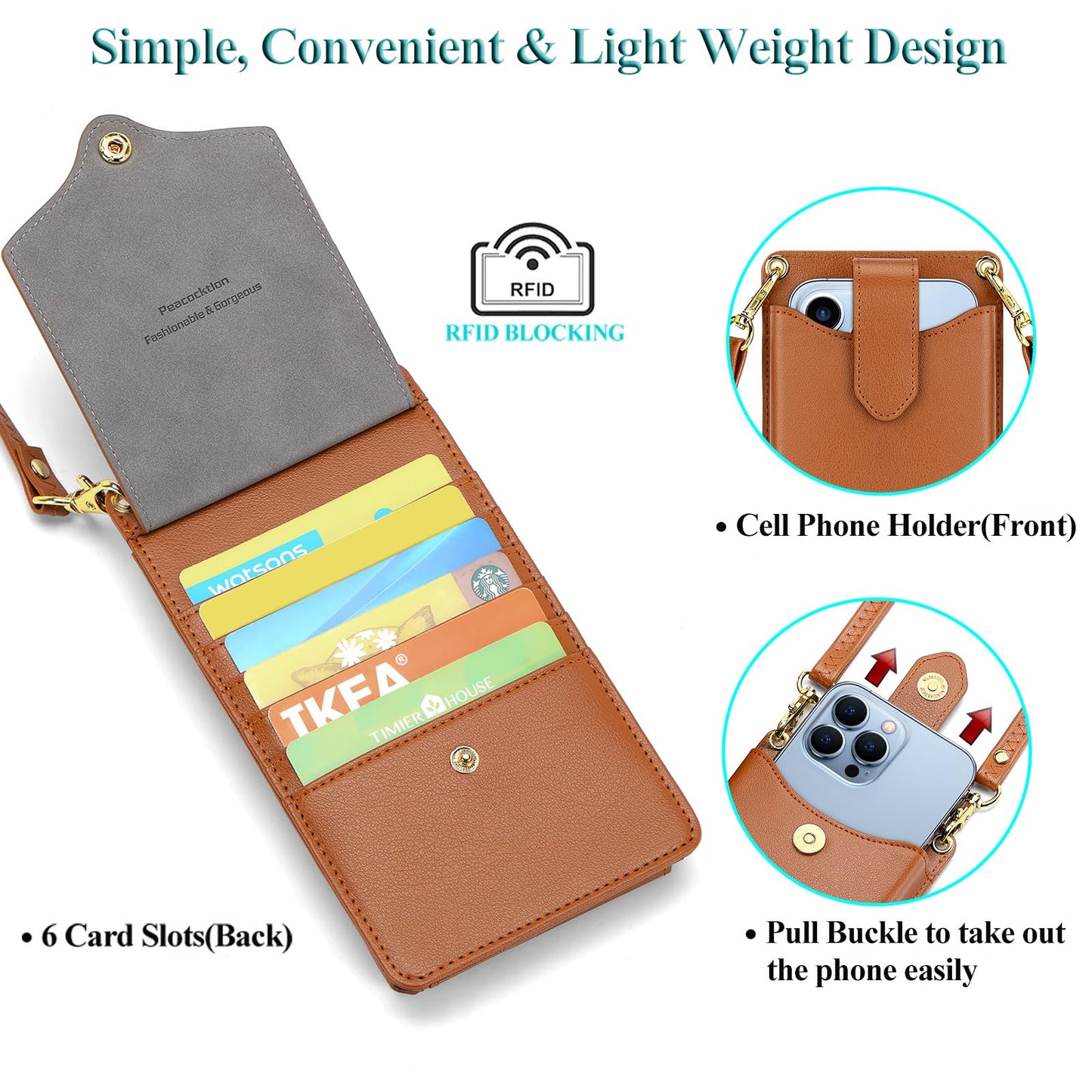 Peacocktion Small Crossbody Bags for Women, RFID Leather Cell Phone Purse with Card Slot, Trendy Card Holder Wallet Brown