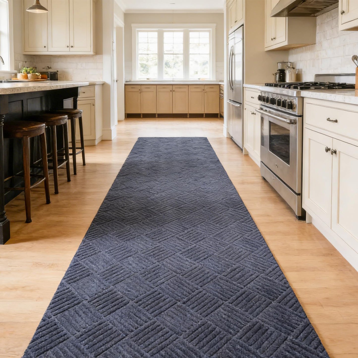 Geometric Runner Rug 2 x 6 ft Indoor Outdoor, Gray Non Slip Rubber Backing, Waterproof Low Profile Area Runner for Hallway, Entryway, Kitchen, Patio, Garage, Stairs & Laundry