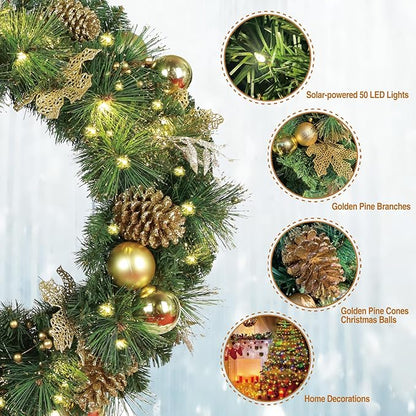 Solar Christmas Wreath 24 Inch Pre-Lit Solar 50 Led Artificial Wreath for Front Door Window Home Decor Decorated with Golden Pine Cones Christmas Balls Glitter Pine Branches (2402)